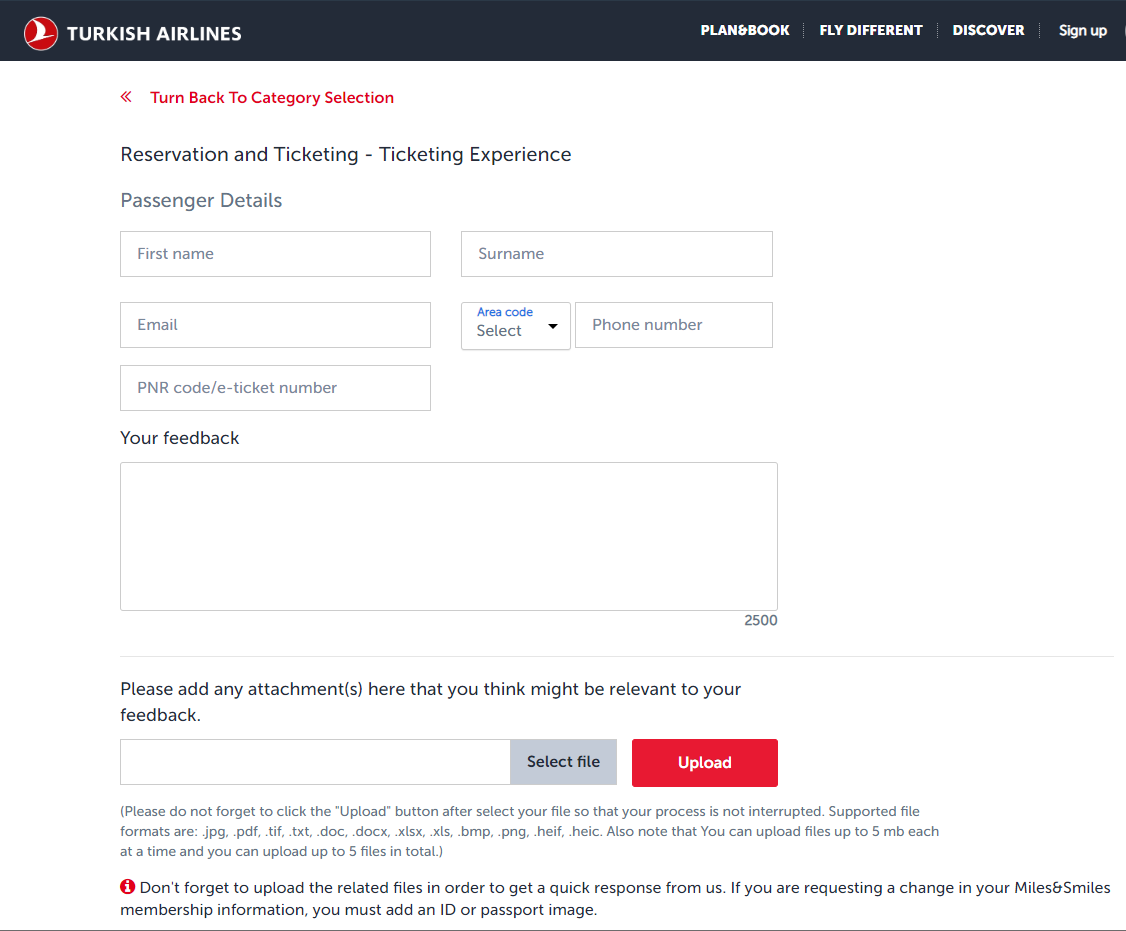 Turkish Airlines customer feedback form