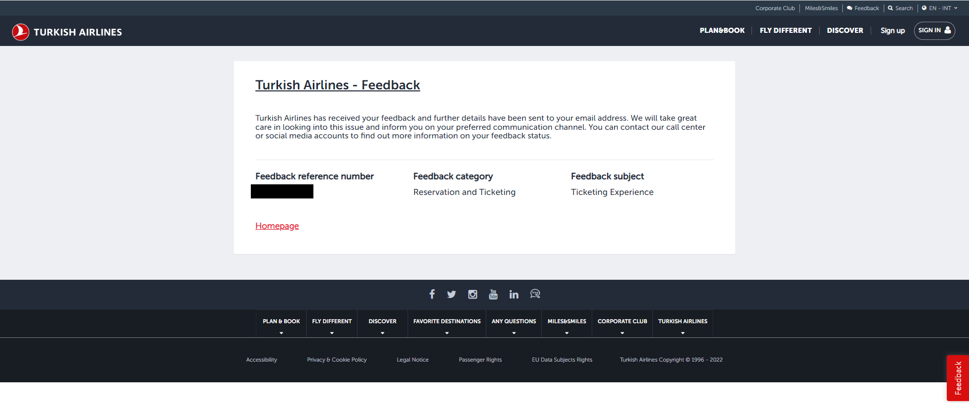 Turkish Airlines customer feedback form result